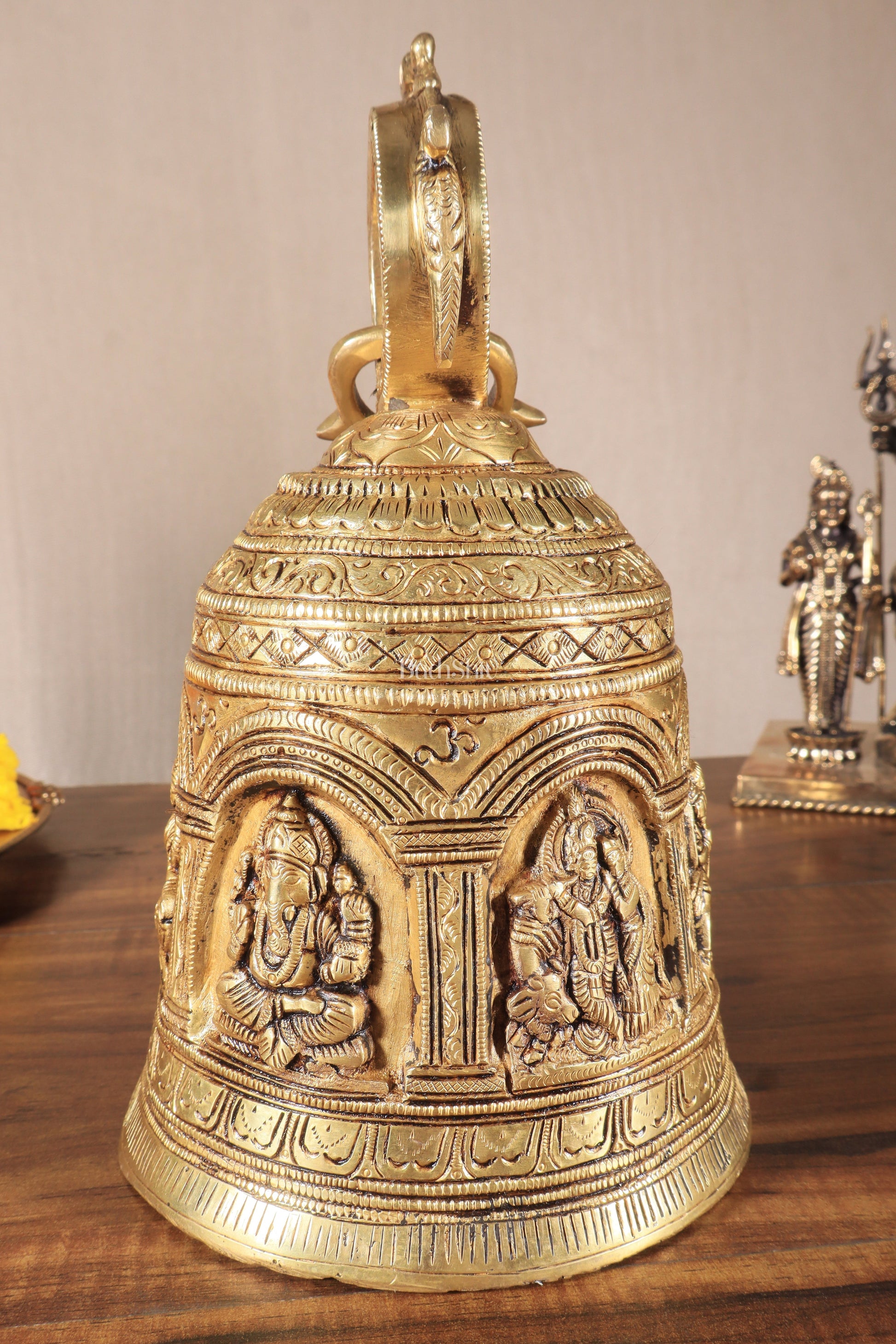 Pure Brass Hindu Gods Engraved Hanging Temple bell with Strong Chain 36" - Eco-friendly - Sama Homes