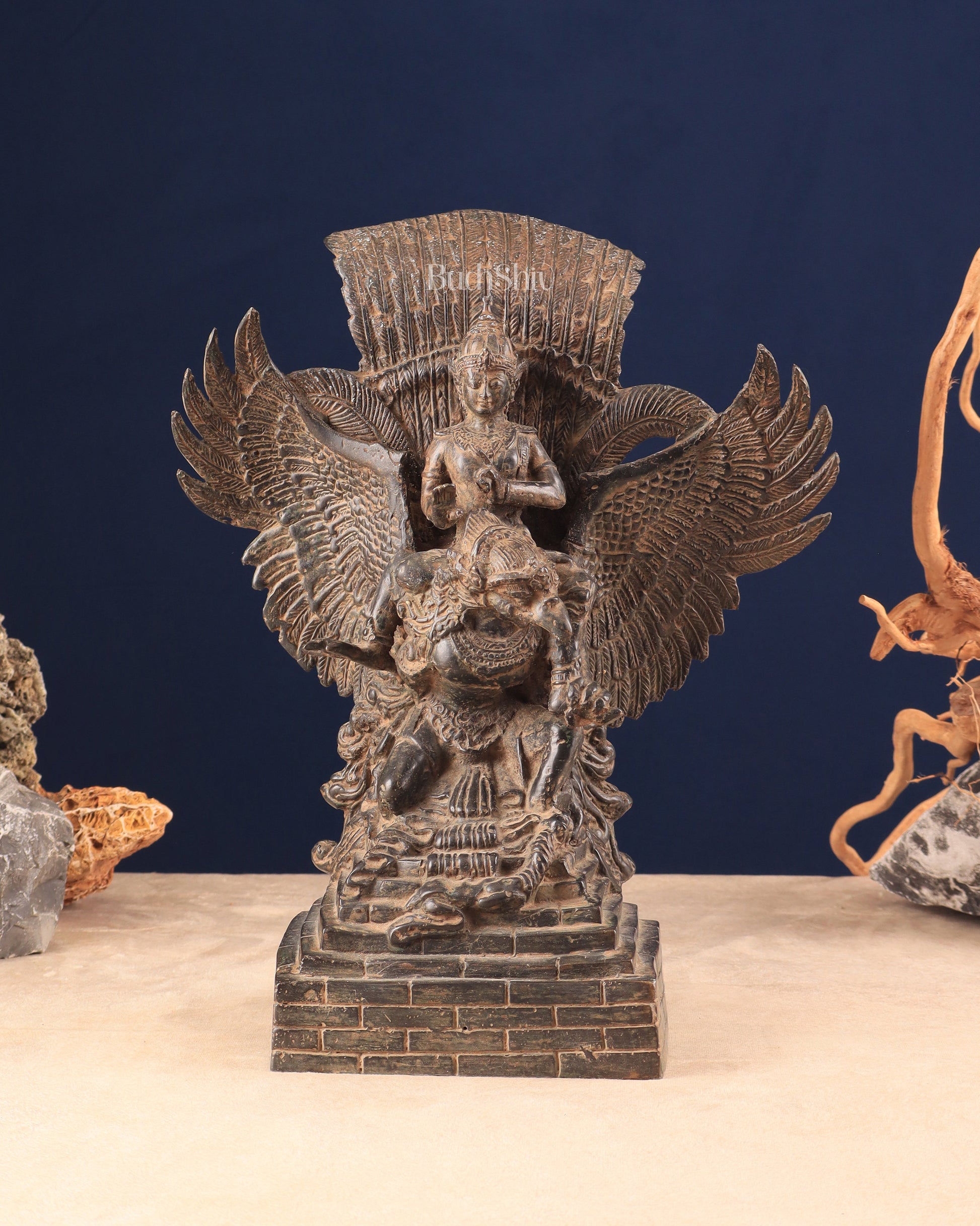 Vintage Indonesian Bronze Lord Vishnu Seated on Garuda Vahana Sculpture 13" - Sama Homes Idol - Brass Sculpture - Eco-friendly - Sama Homes