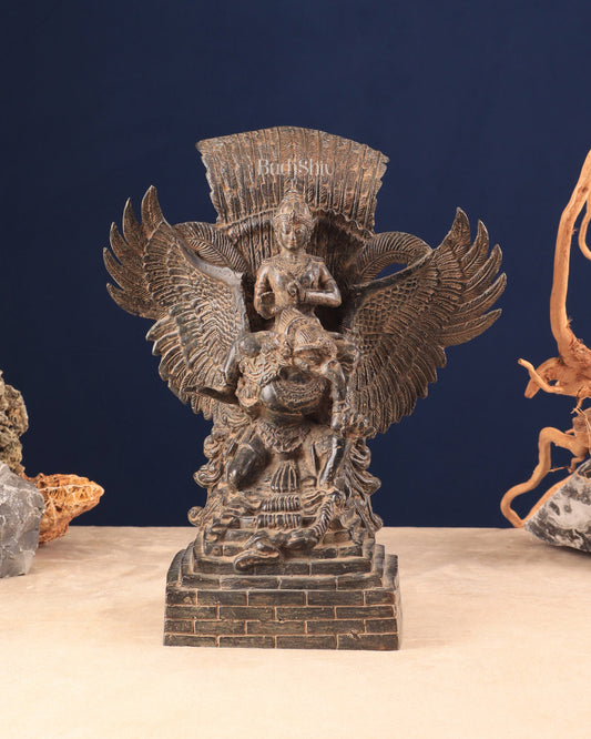 Vintage Indonesian Bronze Lord Vishnu Seated on Garuda Vahana Sculpture 13" - Sama Homes Idol - Brass Sculpture