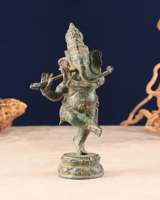 Indonesian Bronze Dancing Ganesha Playing the Flute Sculpture 7" - Sama Homes Idol - Brass Sculpture