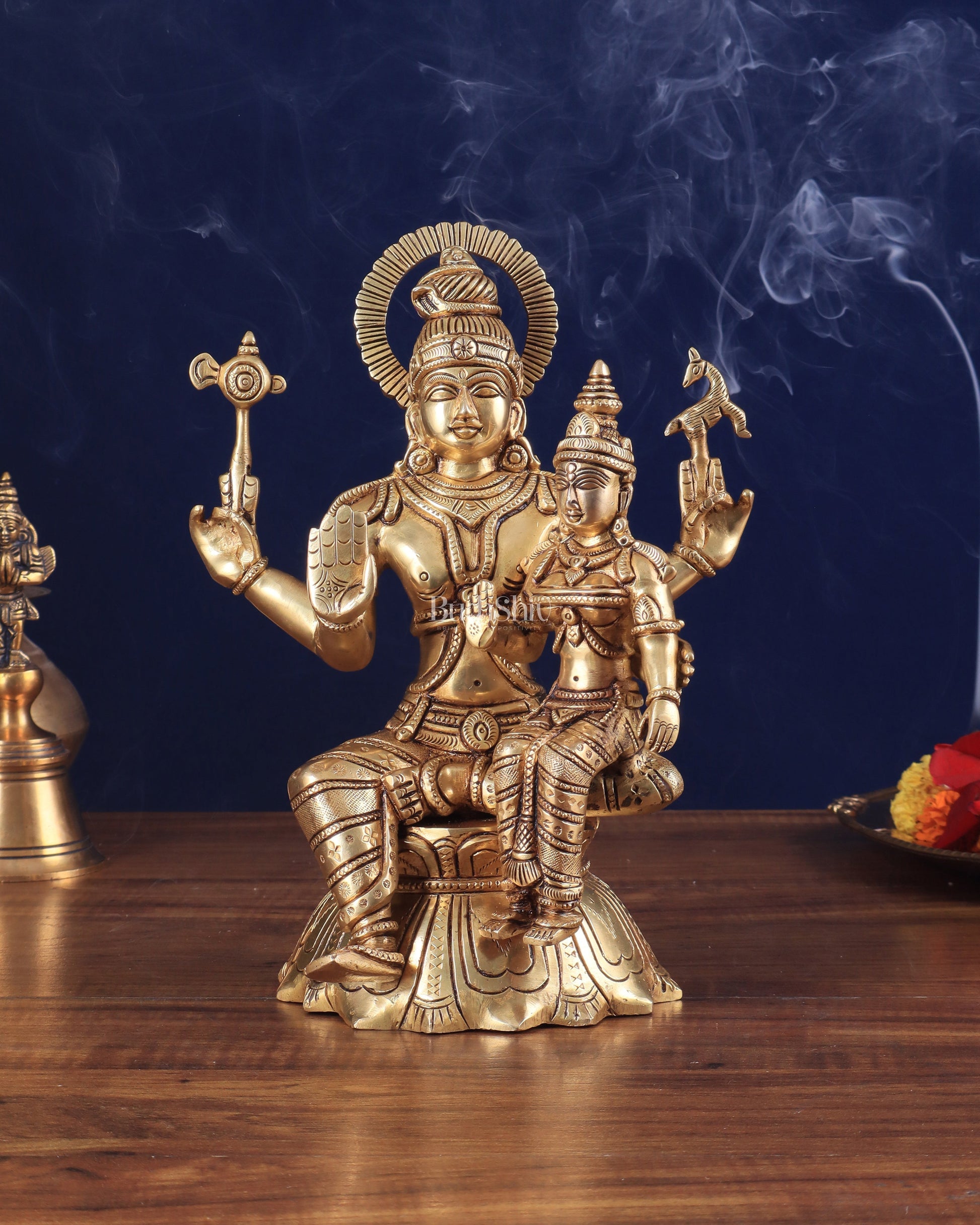 Brass Superfine Lord Shiva and Parvati Seated Statue 10" - Sama Homes Idol - Brass Sculpture - Eco-friendly - Sama Homes