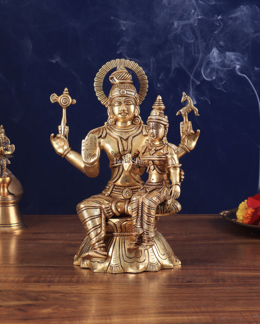 Brass Superfine Lord Shiva and Parvati Seated Statue 10" - Sama Homes Idol - Brass Sculpture