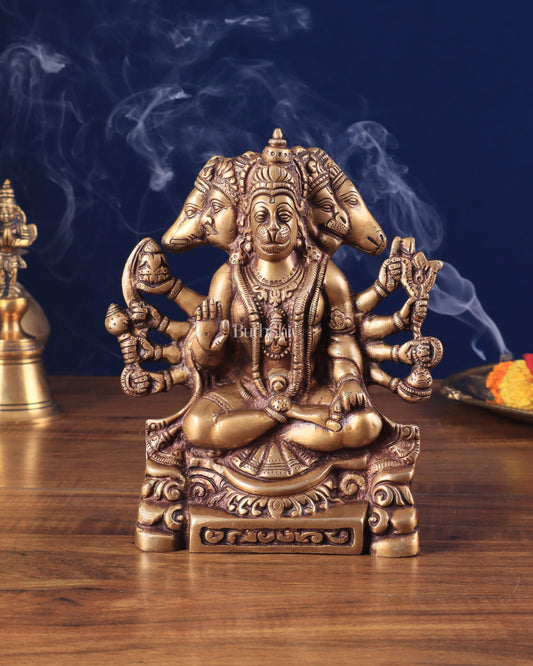 Brass Panchmukhi Hanuman Statue with Crossed Legs 8" | 100% Certified Copper & Brass - Sama Homes Idol - Brass Sculpture