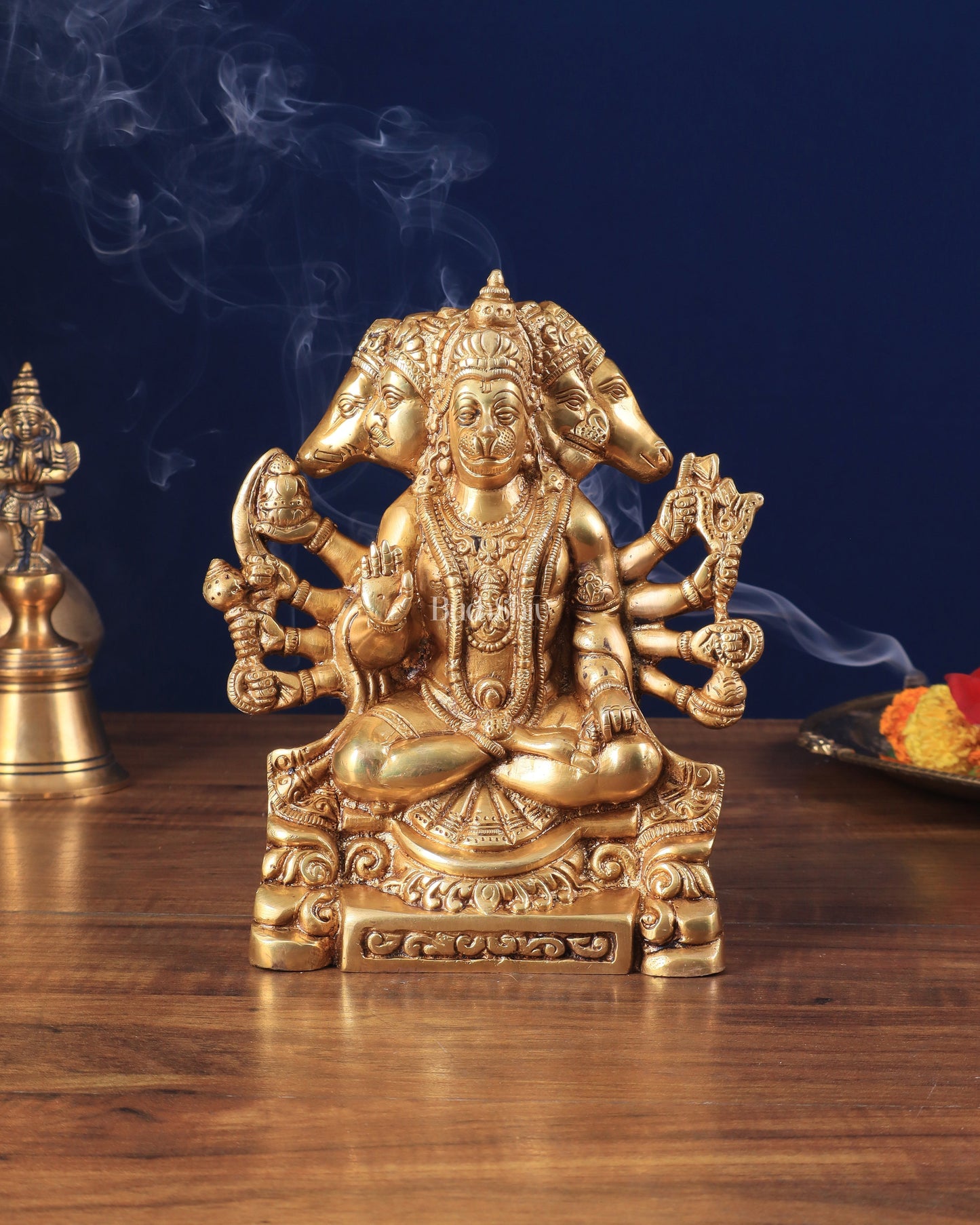 Brass Panchmukhi Hanuman Statue with Crossed Legs 8" golden tone | 100% Certified Copper & Brass - Sama Homes Idol - Brass Sculpture