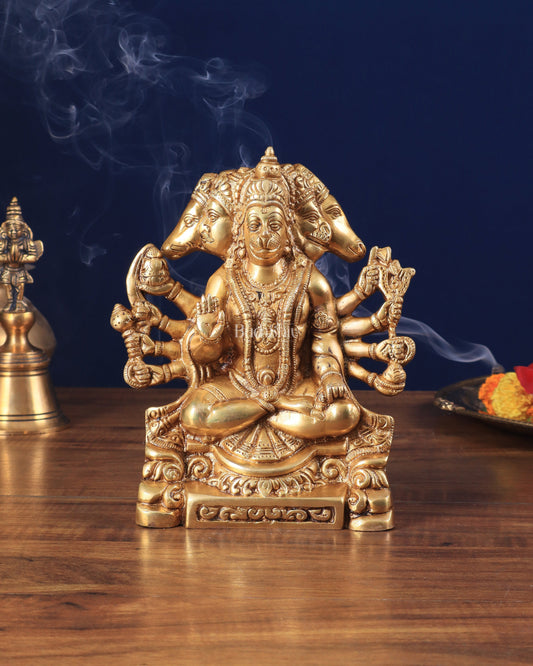 Brass Panchmukhi Hanuman Statue with Crossed Legs 8" golden tone | 100% Certified Copper & Brass - Sama Homes Idol - Brass Sculpture