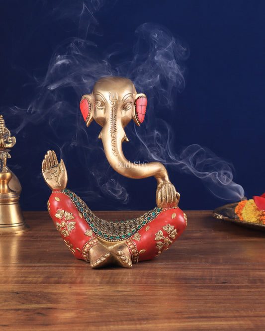 Ganesha Brass Idol Abstract with stonework 8.5 inch - Sama Homes Idol - Brass Sculpture