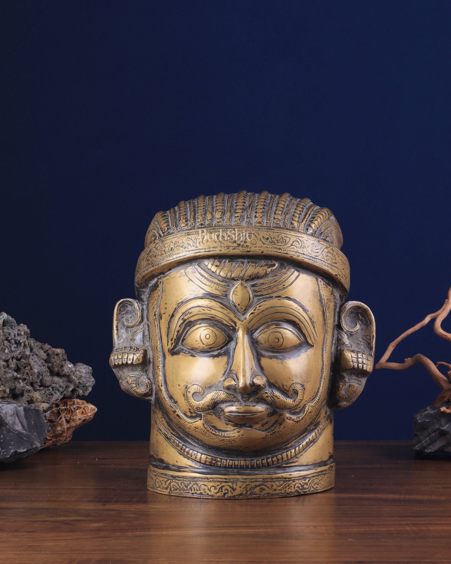 Brass Lord Shiva Face Mukhalingam – Vintage Tone, 11" Height | 100% Certified Copper & Brass - Sama Homes Idol - Brass Sculpture