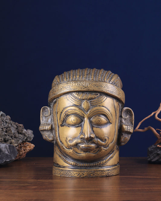 Brass Lord Shiva Face Mukhalingam – Vintage Tone, 11" Height | 100% Certified Copper & Brass - Sama Homes Idol - Brass Sculpture