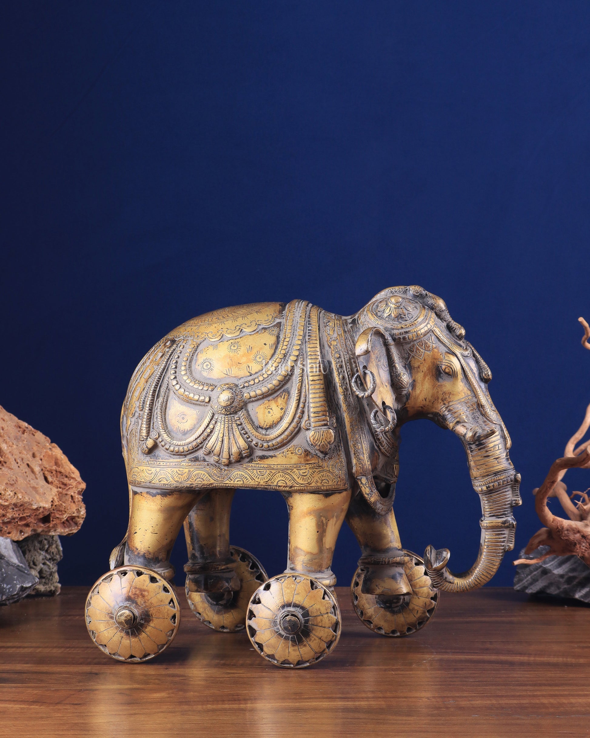 Vintage Brass Elephant Statue with Functional Wheels 13" - Eco-friendly - Sama Homes