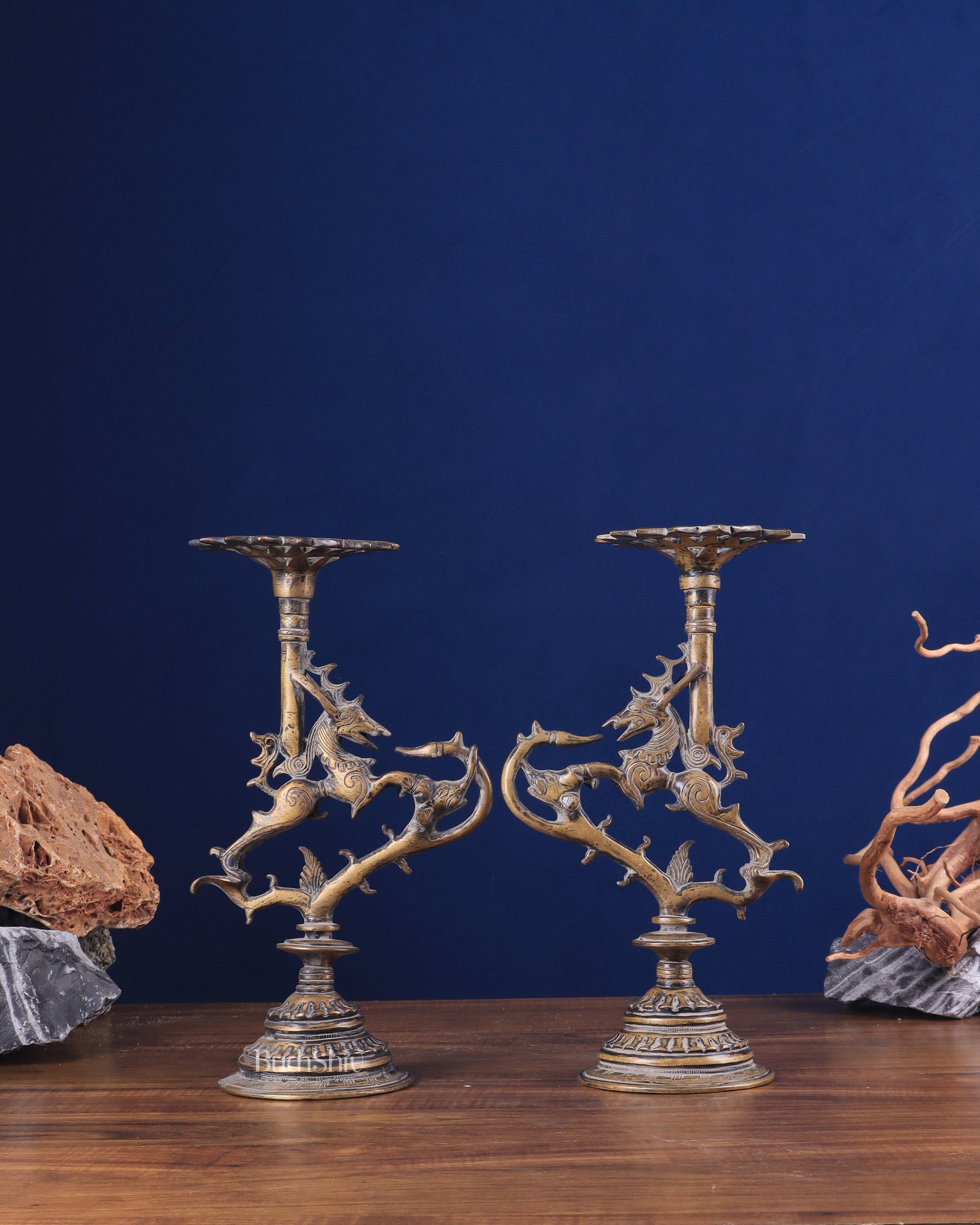 Pair of vintage Brass Yali Candle Holders 9" - Sama Homes Idol - Brass Sculpture - Eco-friendly - Sama Homes