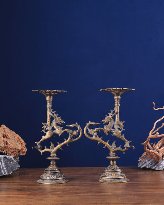 Pair of vintage Brass Yali Candle Holders 9" - Sama Homes Idol - Brass Sculpture