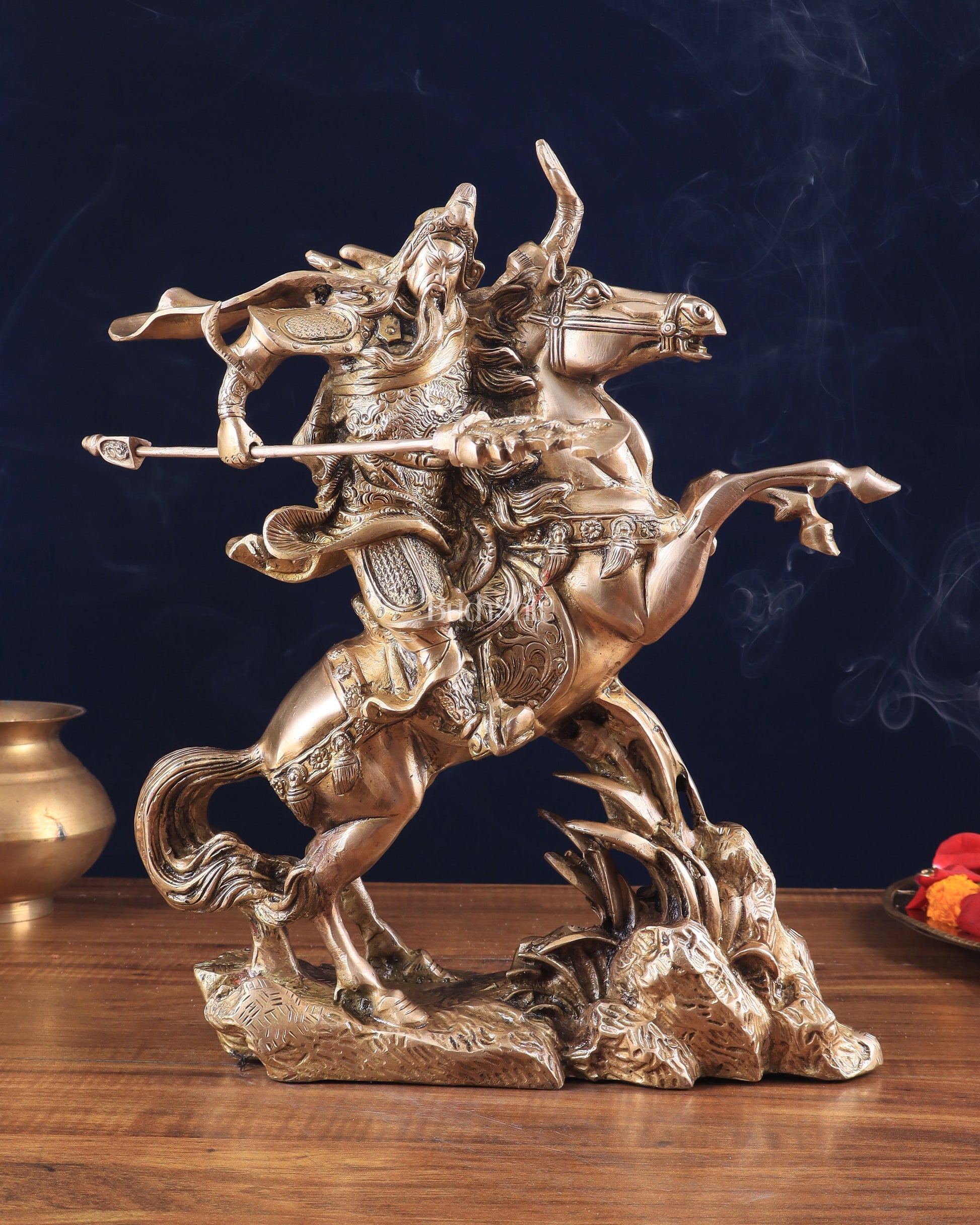 Brass Chinese Warrior Guan Yu Idol on Horse statue 14" - Eco-friendly - Sama Homes
