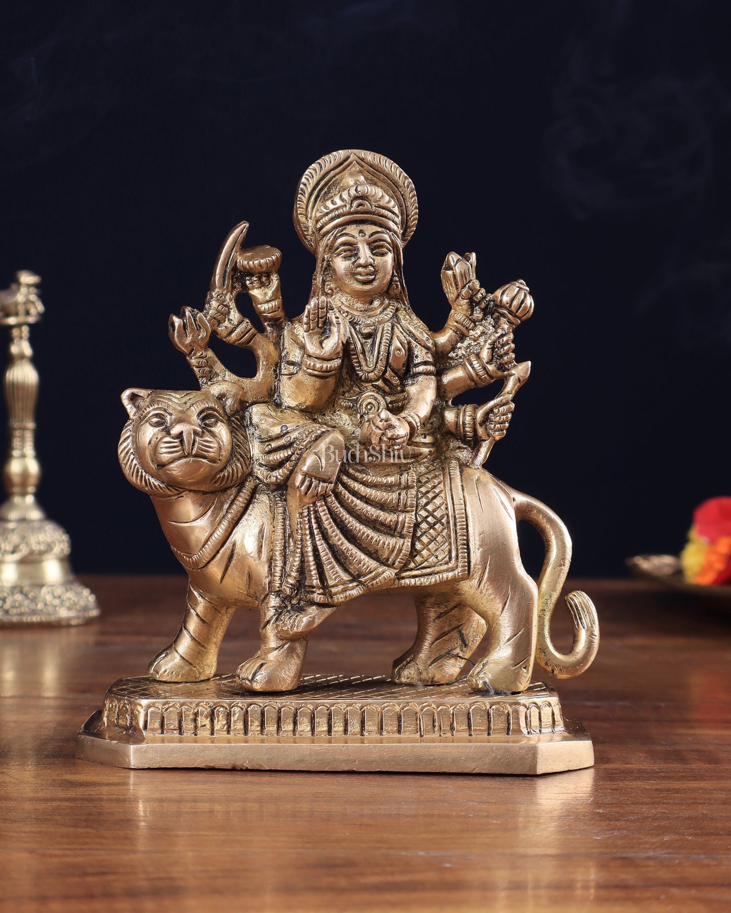Pure Brass Goddess Durga Sitting on Tiger Idol 5.5" - Sama Homes Idol - Brass Sculpture