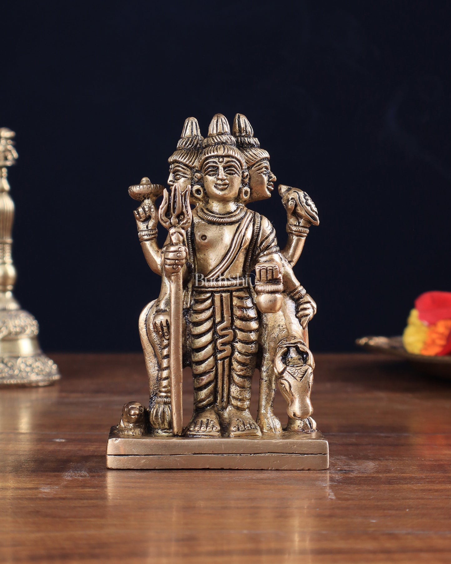 Brass Dattatreya with Dog Idol 4.5" | 100% Certified Copper & Brass - Sama Homes Idol - Brass Sculpture