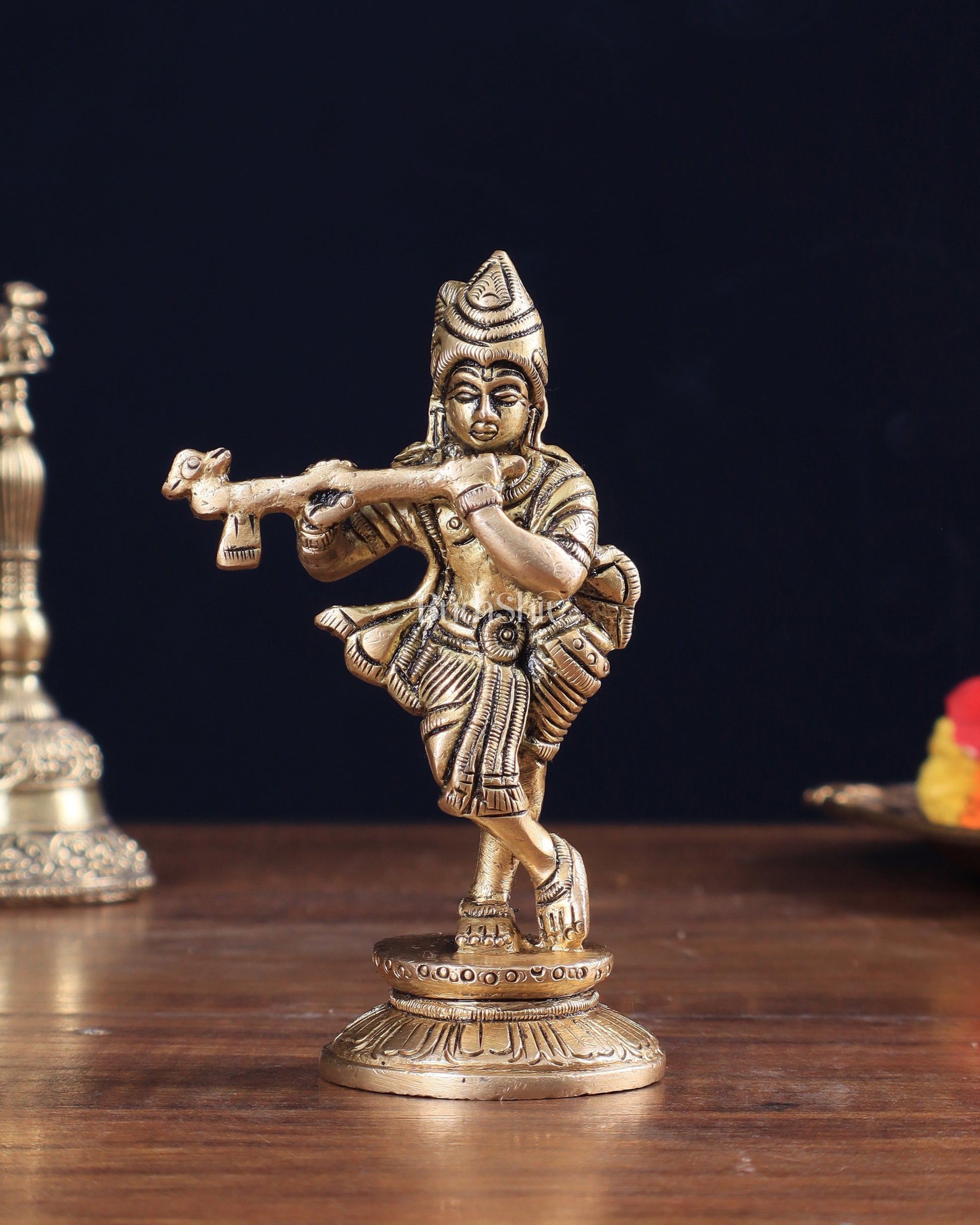 Pure Brass Superfine Small Lord Krishna Idol 4.5" - Sama Homes Idol - Brass Sculpture - Eco-friendly - Sama Homes