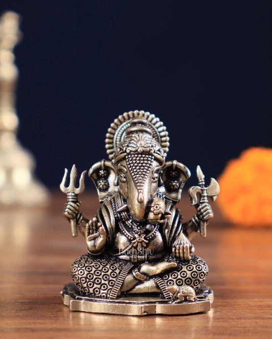 Brass Superfine Intricate Dagduseth Ganesha Idol – 2" - Sama Homes Idol - Brass Sculpture