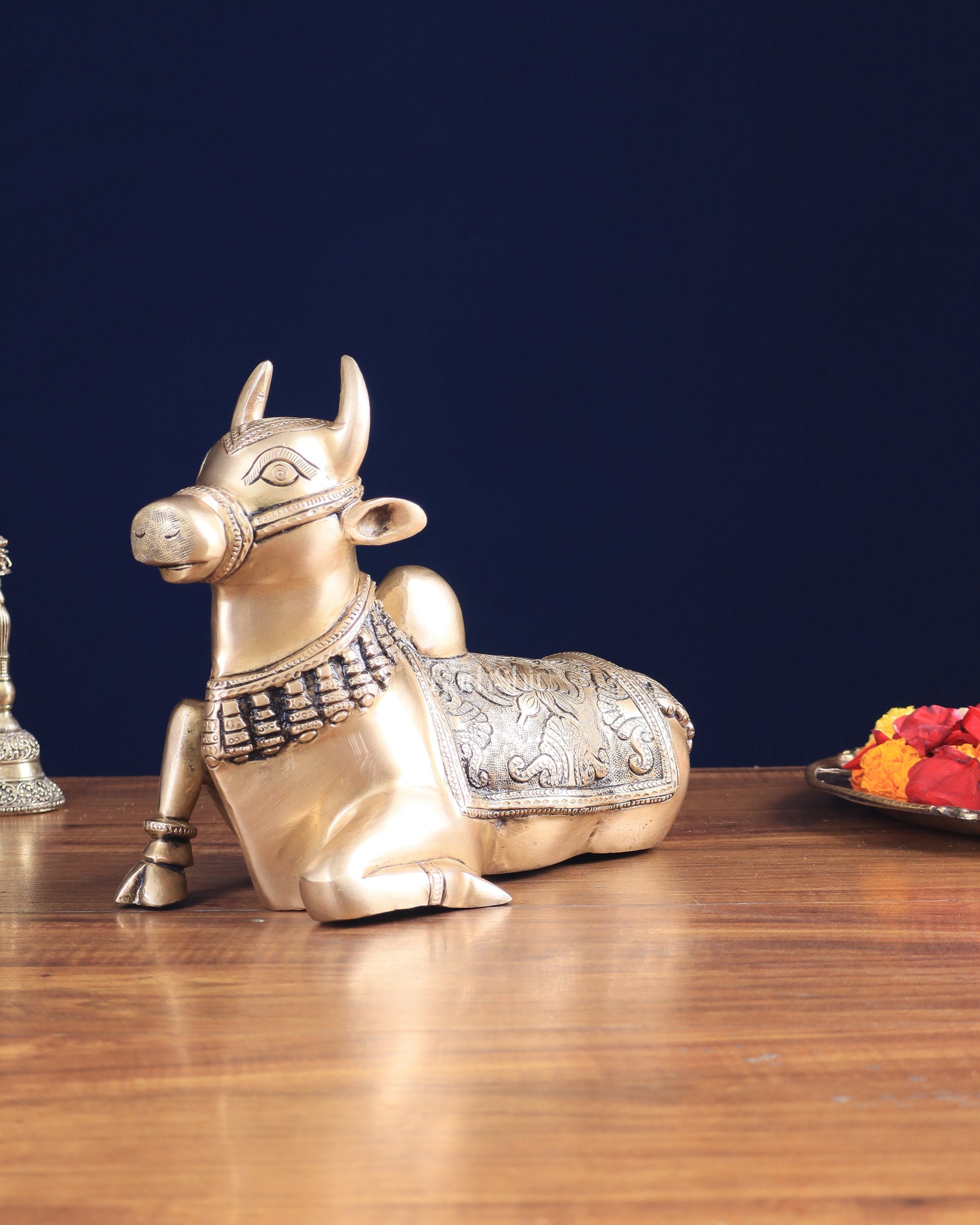Pure Brass Nandi Bull Statue with Unique Lotus Carvings 10" - Sama Homes Idol - Brass Sculpture - Eco-friendly - Sama Homes