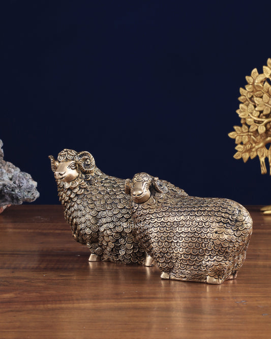 Pure Brass Pair of Intricately Carved Sheep Figurines (Vastu Recommended) - Sama Homes Idol - Brass Sculpture