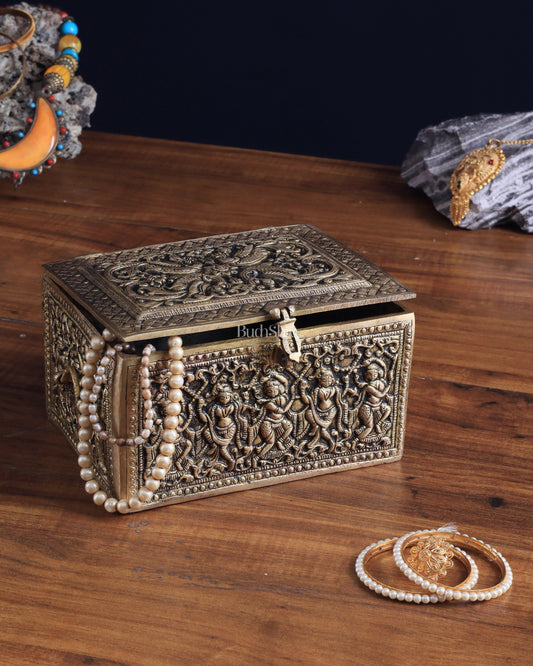 Pure Brass Unique Jewelry Treasure Storage Box – Multipurpose with Intricate Carvings - Sama Homes Idol - Brass Sculpture