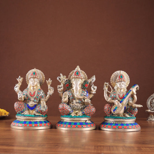 Exquisite Brass Ganesha, Lakshmi, Saraswati Idol Set with Stonework 8" - Sama Homes Idol - Brass Sculpture