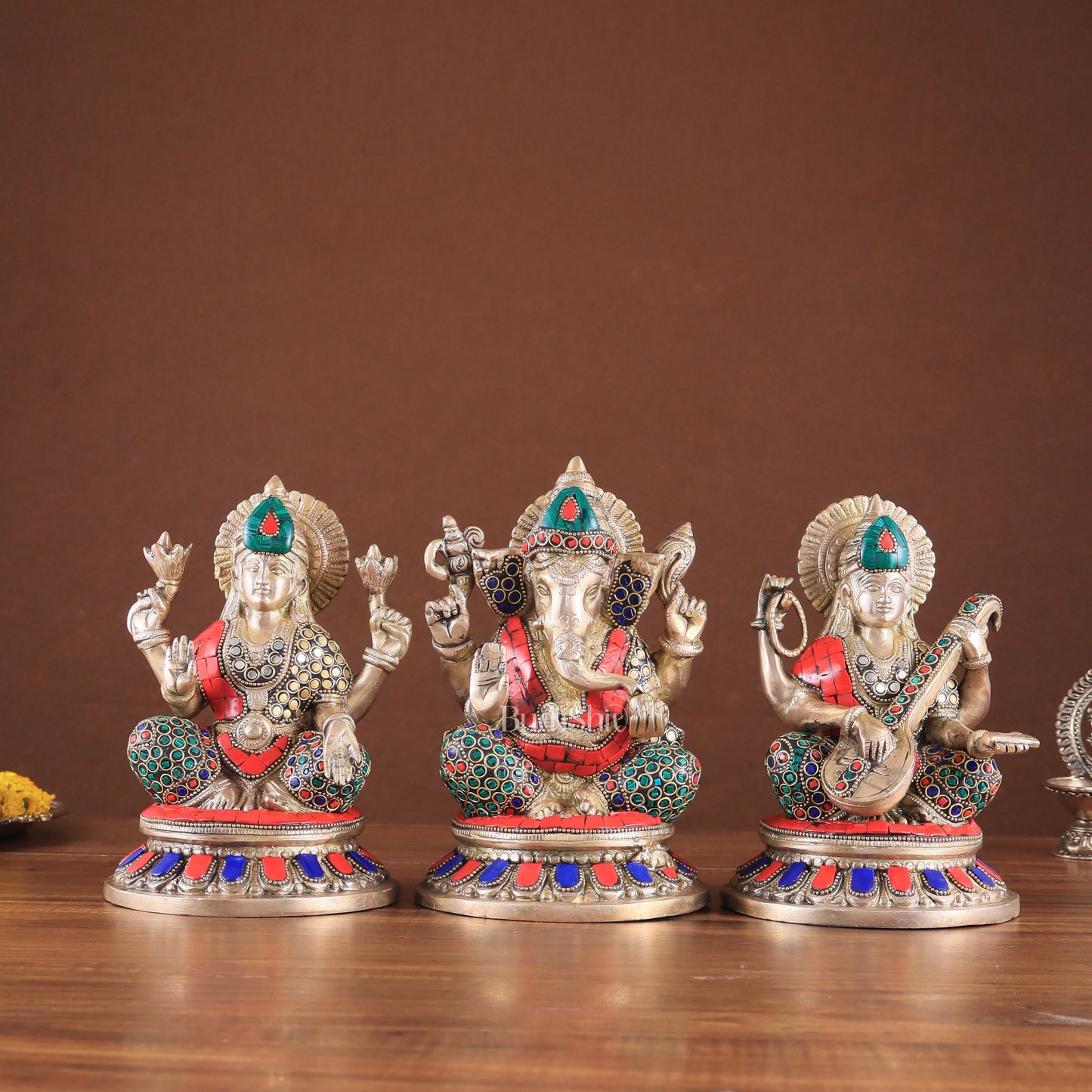 Pure Brass Ganesha, Lakshmi, Saraswati Idols with Stonework 8" - Sama Homes Idol - Brass Sculpture