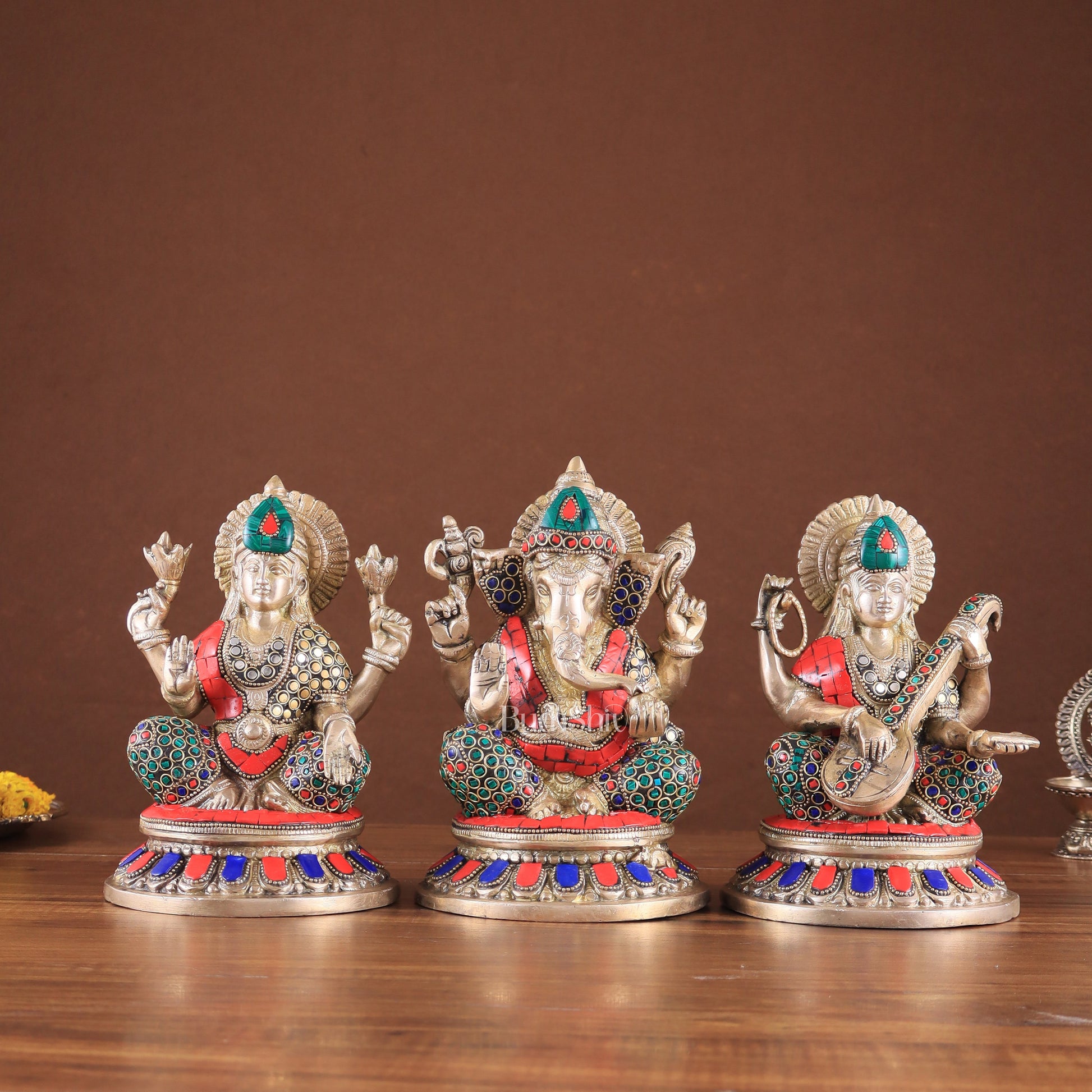 Pure Brass Ganesha, Lakshmi, Saraswati Idols with Stonework 8" - Sama Homes Idol - Brass Sculpture - Eco-friendly - Sama Homes
