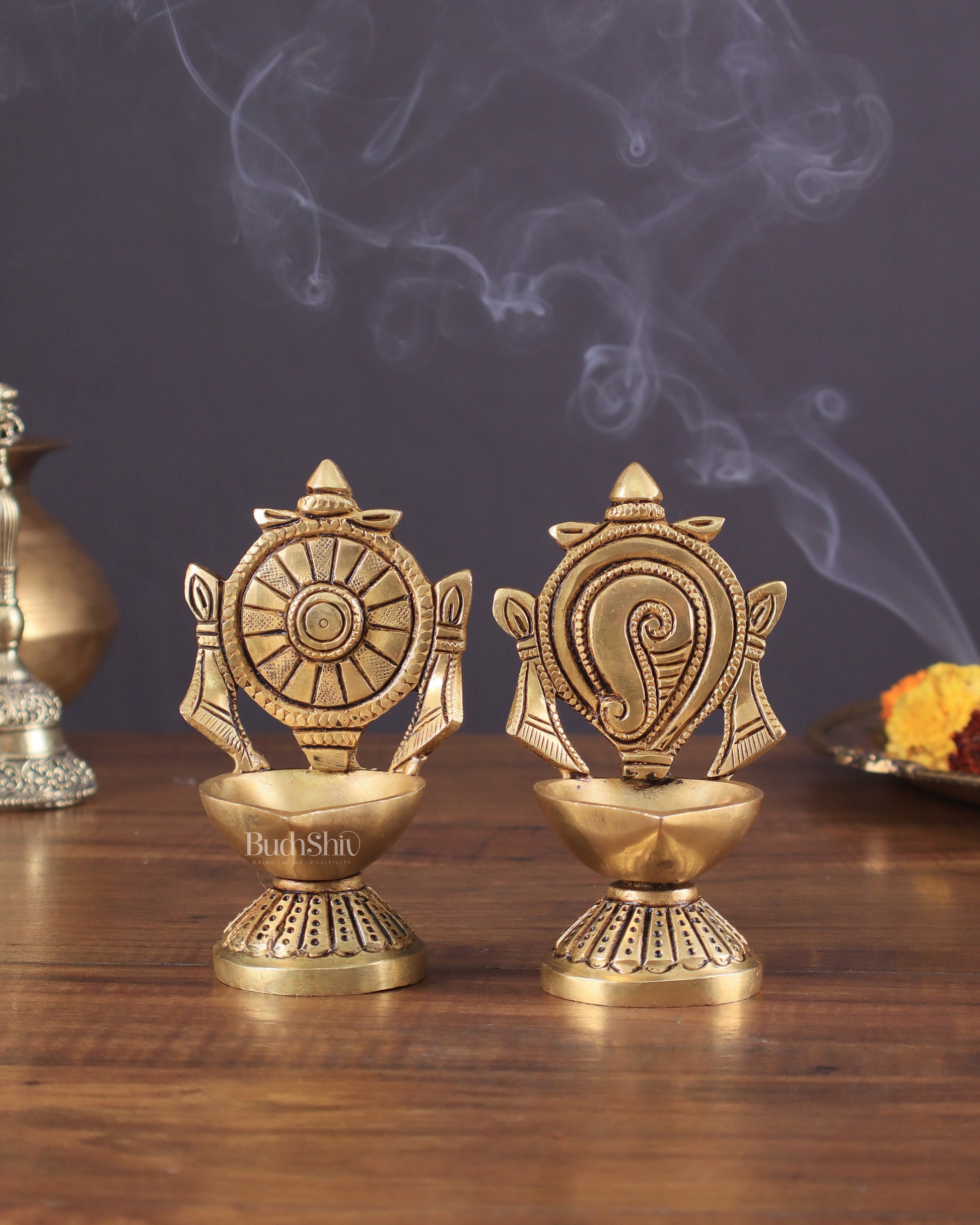 Pure Brass Shankh Chakra Oil Lamps (Pair) 4.5" - Sama Homes Idol - Brass Sculpture - Eco-friendly - Sama Homes