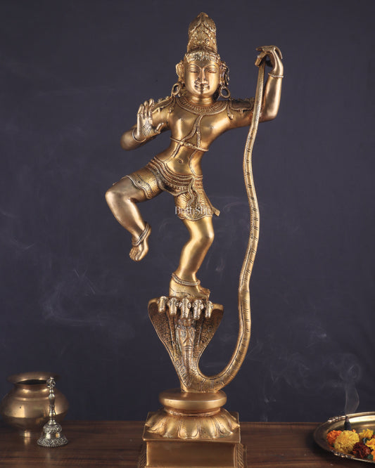 Pure Brass Large Lord Krishna Dancing on Kaliya Naag (Kalinga Narthana Krishna) Sculpture 29" - Sama Homes Idol - Brass Sculpture