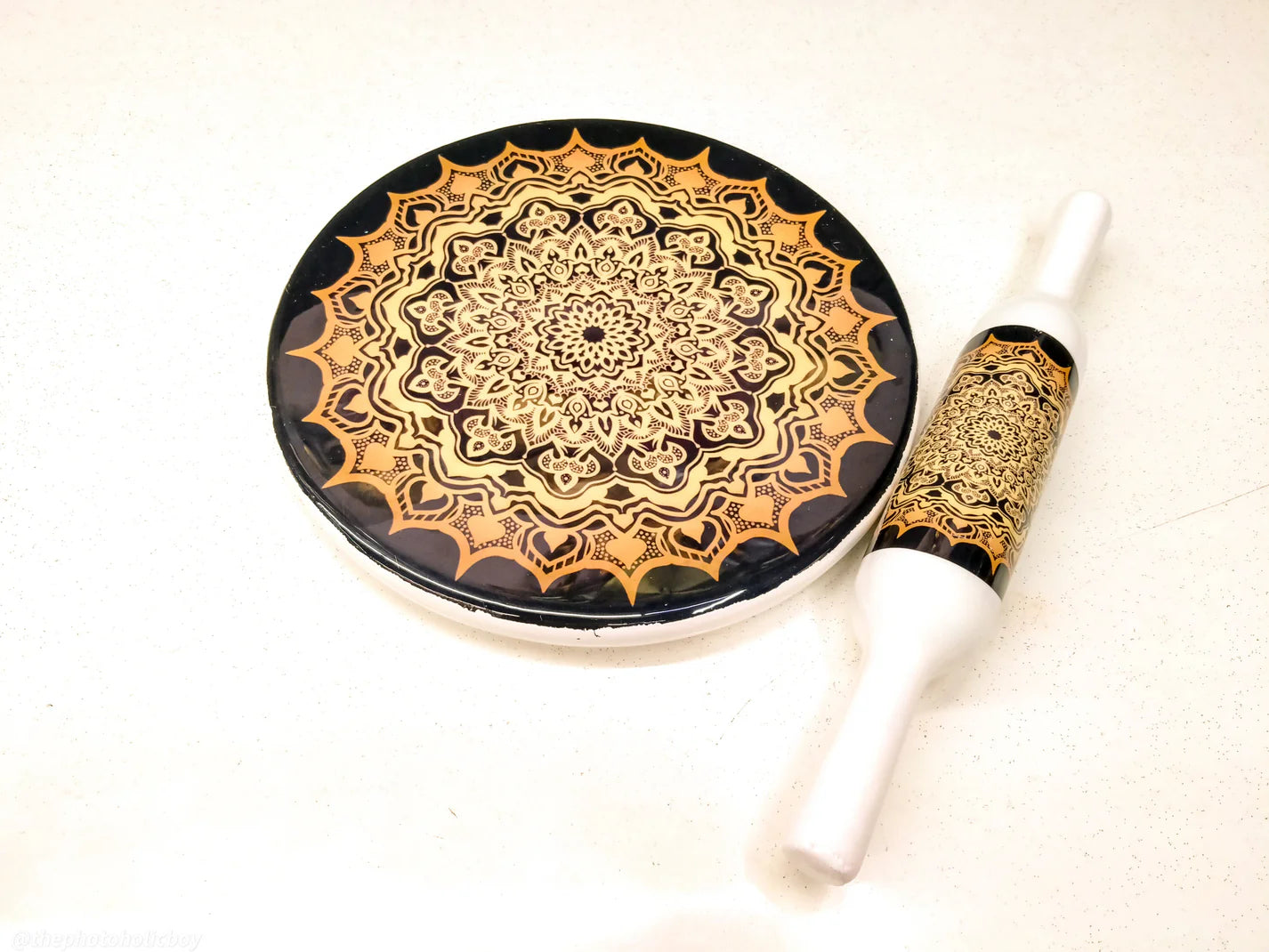 Handcrafted White Marble Roti Maker with Wooden Belan Enamel Prints | Indian Chakla Belan 10 Inch with Diameter