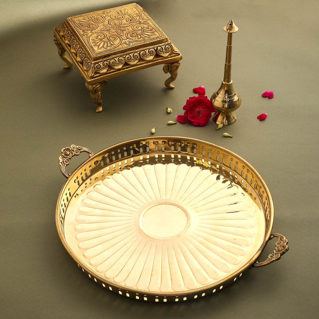 Image of Brass Round Tray With Handle (15 Inch) | HEIGHT INCHES Handcrafted | Premium Brass & Wood Decor | Sama Homes