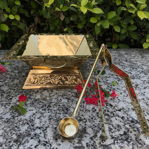Brass Havan Kund Set for Pooja, Yagya, Agnihotra & Spiritual Rituals | Includes Spoon and Tongs