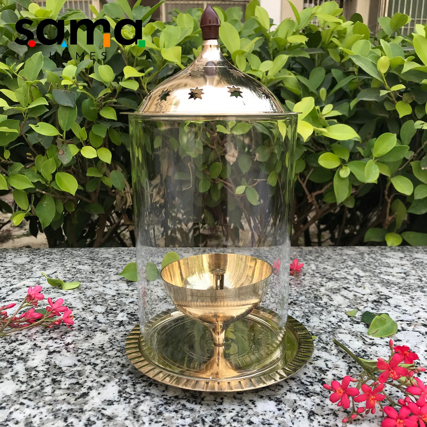 Sama Homes Brass Akhand Jyot Diya with Molded Glass Cover | Oil Pooja Lamp | Diwali Whole night Diya