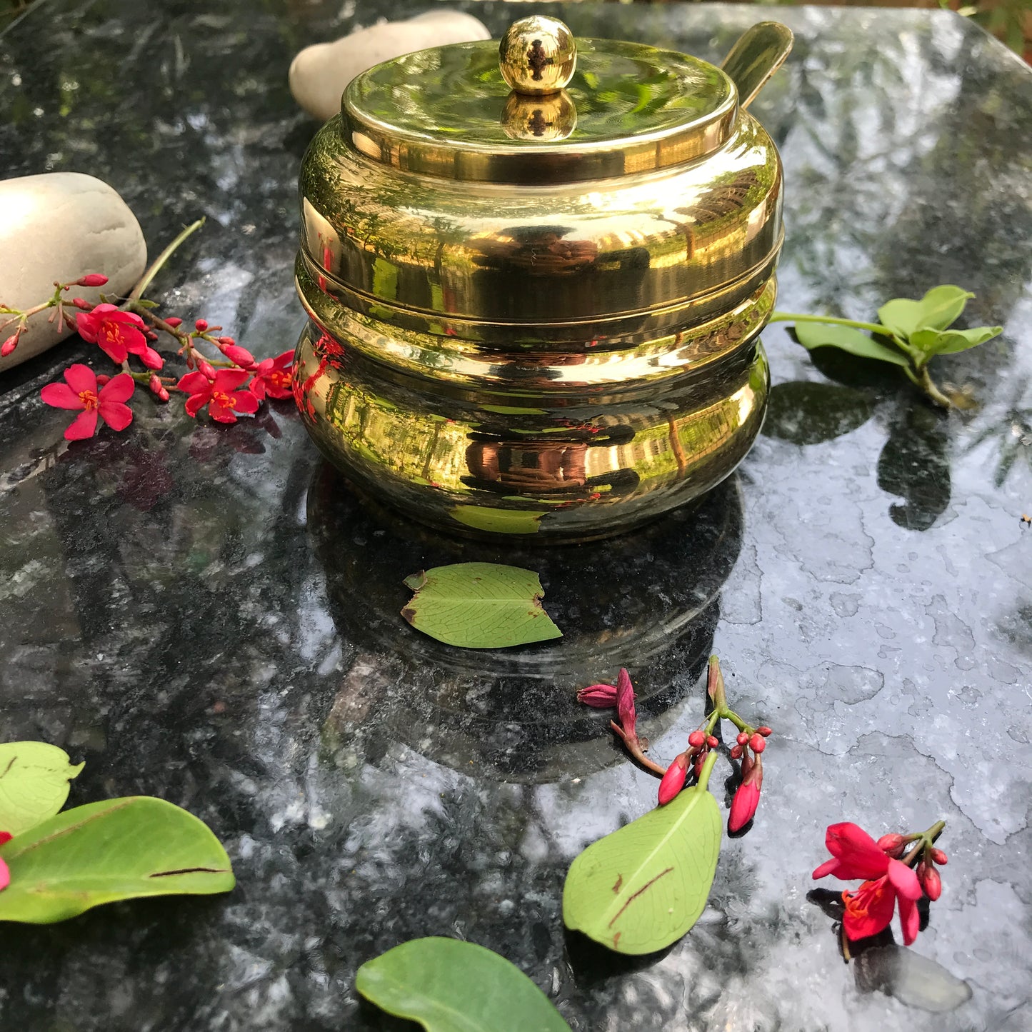 Brass Ghee Pot with spoon and Lid | 250 ML Capacity | Kitchen Oil Storage Dabba