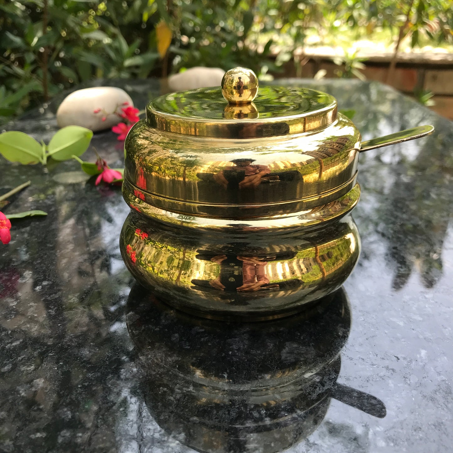 Brass Ghee Pot with spoon and Lid | 250 ML Capacity | Kitchen Oil Storage Dabba