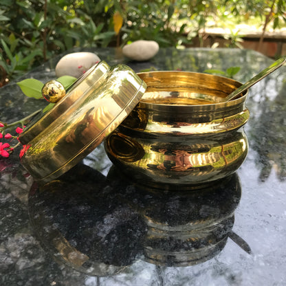 Brass Ghee Pot with spoon and Lid | 250 ML Capacity | Kitchen Oil Storage Dabba