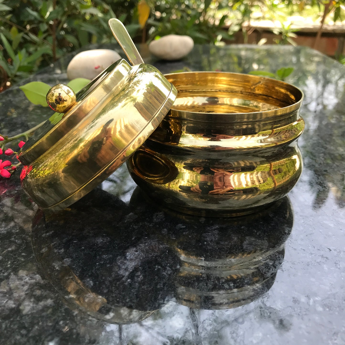 Brass Ghee Pot with spoon and Lid | 250 ML Capacity | Kitchen Oil Storage Dabba