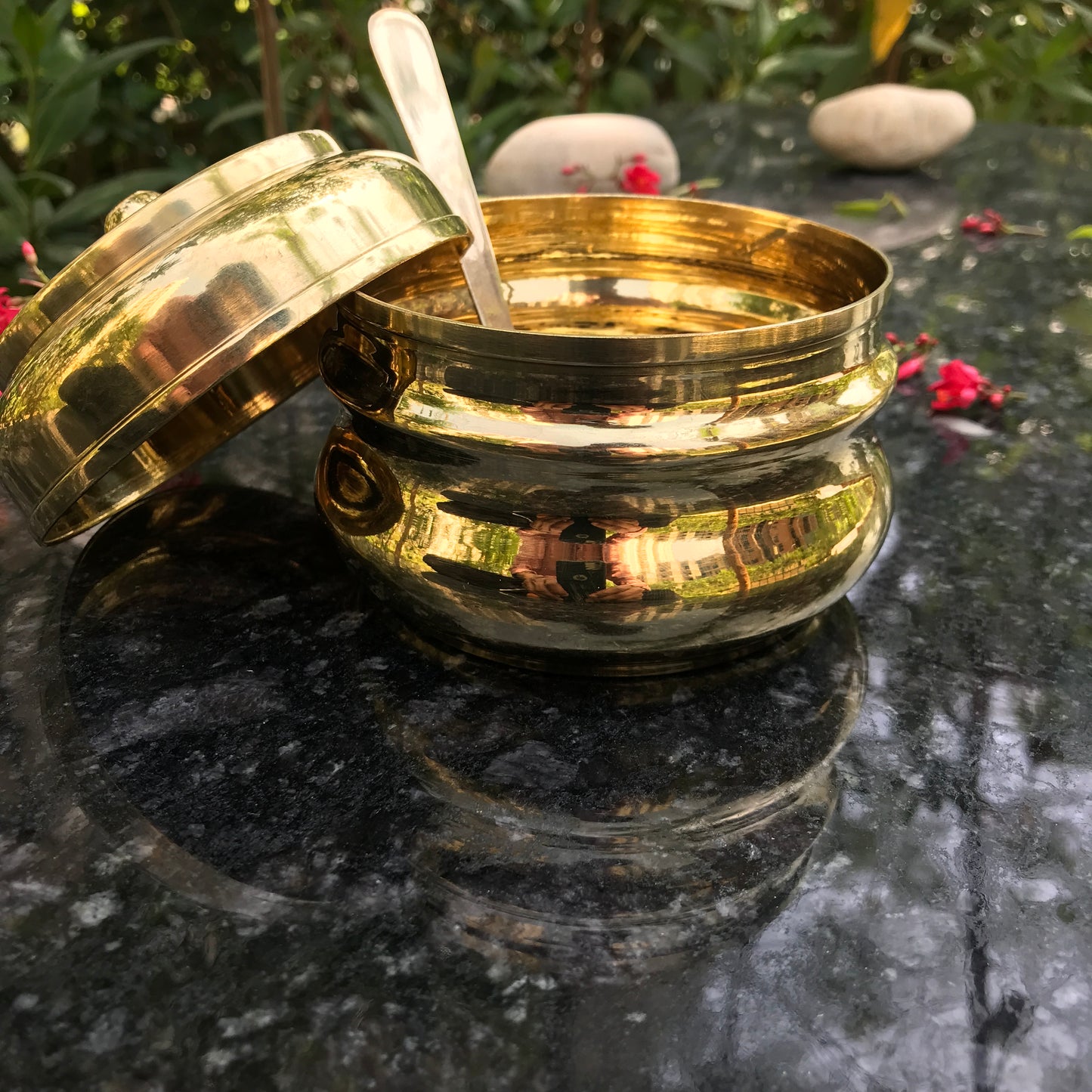 Brass Ghee Pot with spoon and Lid | 250 ML Capacity | Kitchen Oil Storage Dabba