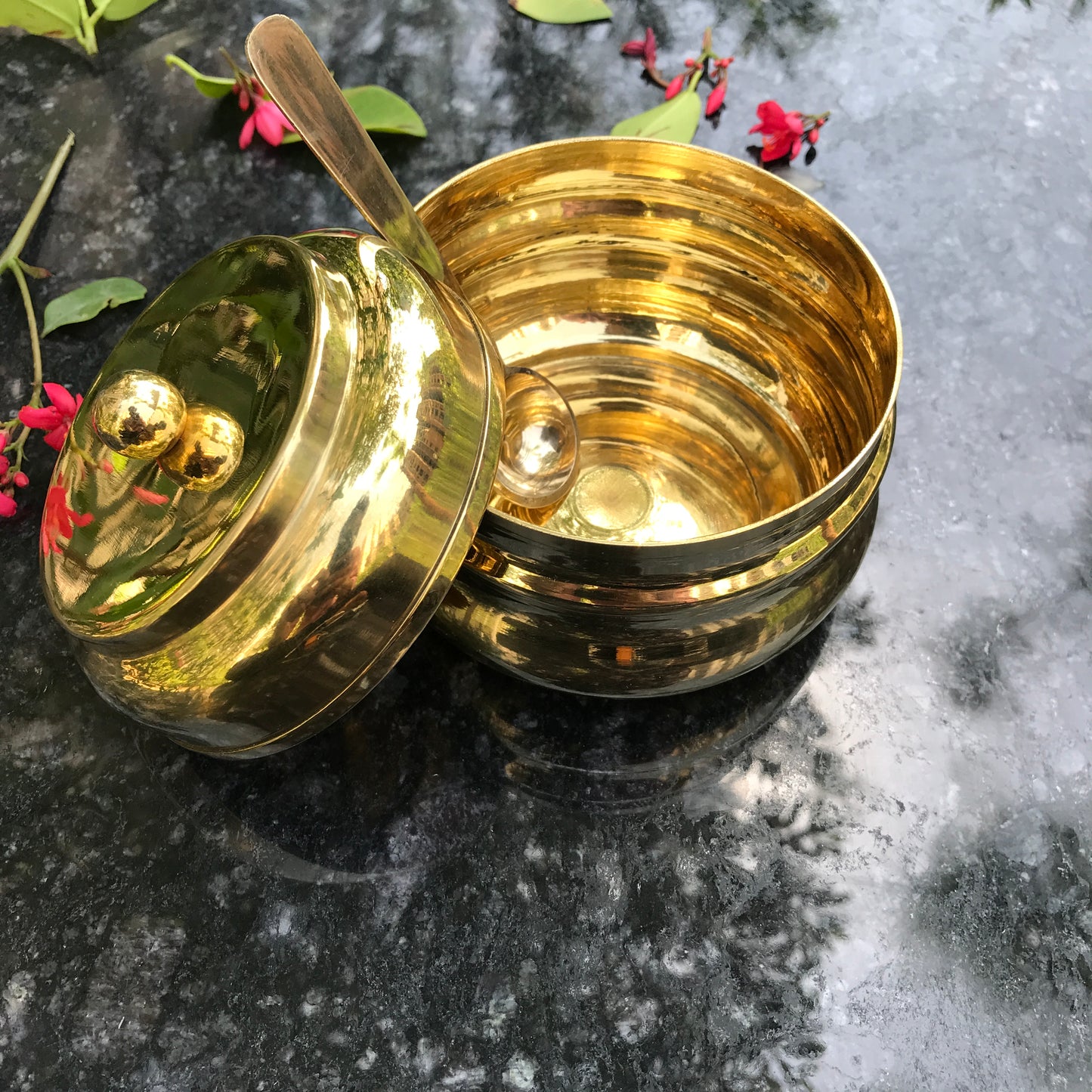 Brass Ghee Pot with spoon and Lid | 250 ML Capacity | Kitchen Oil Storage Dabba