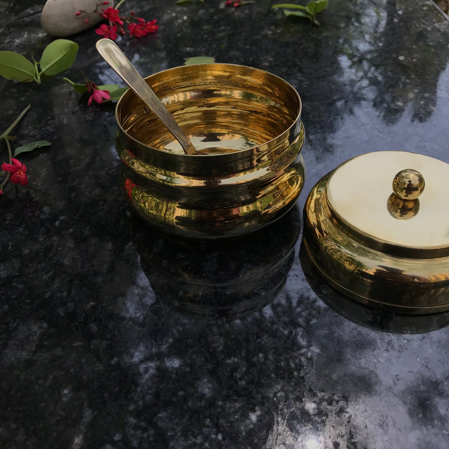 Brass Ghee Pot with spoon and Lid | 250 ML Capacity | Kitchen Oil Storage Dabba