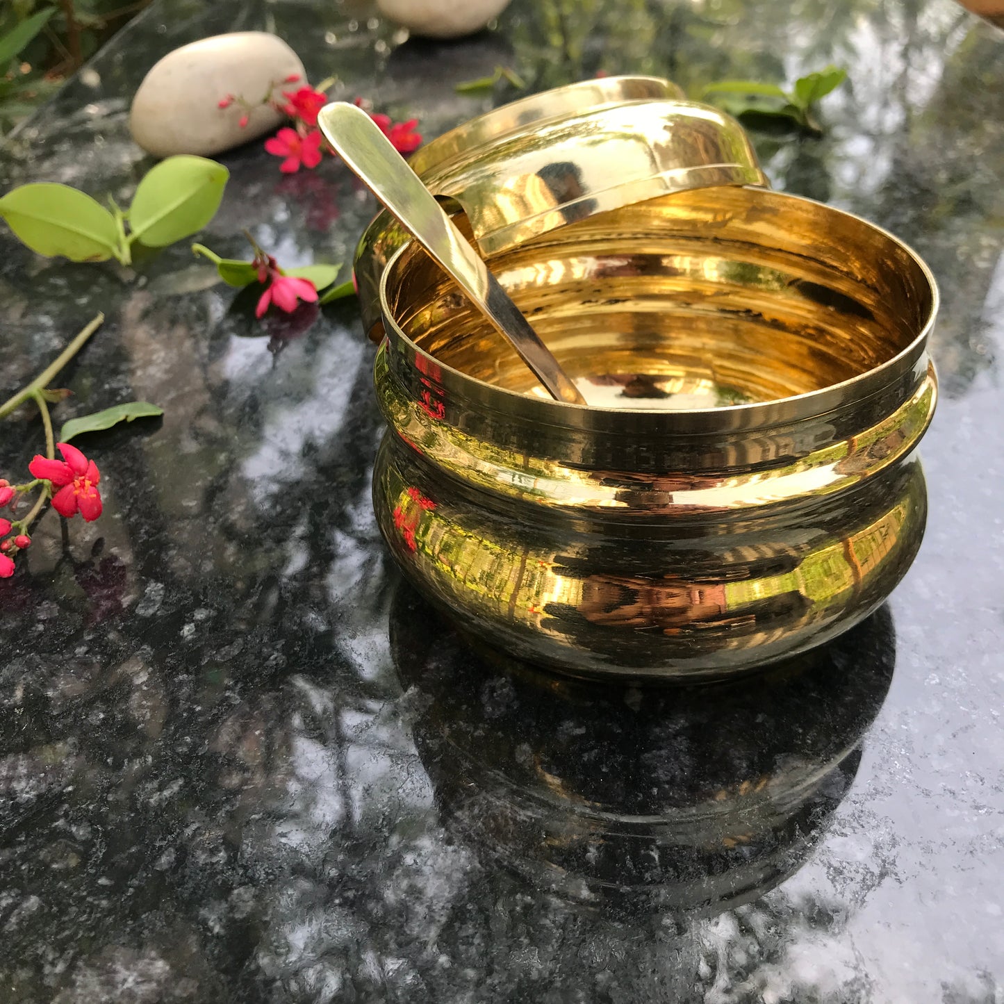 Brass Ghee Pot with spoon and Lid | 250 ML Capacity | Kitchen Oil Storage Dabba