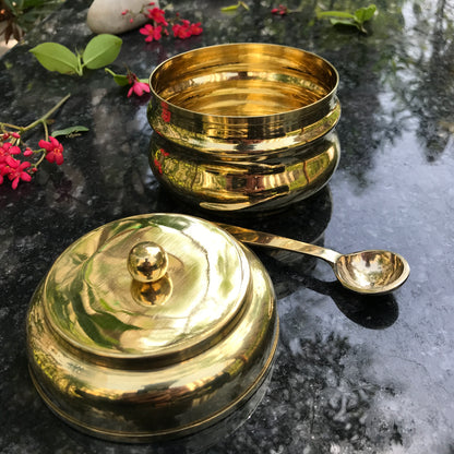 Brass Ghee Pot with spoon and Lid | 250 ML Capacity | Kitchen Oil Storage Dabba