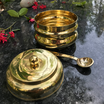 Brass Ghee Pot with spoon and Lid | 250 ML Capacity | Kitchen Oil Storage Dabba