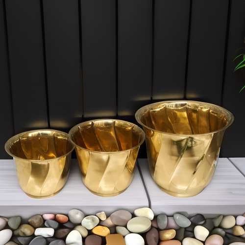 Brass Planters Plain Wave Pattern | Brass Plant Pots | Available in Set | Home and Office Decoration