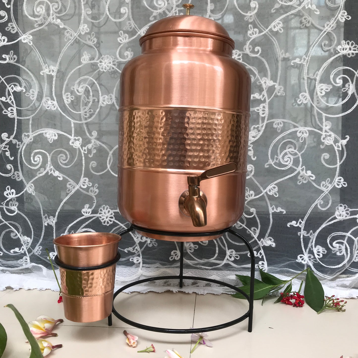 Pure Copper Half Hammered Dark copper colour Water Dispenser with Glass and Stand (Matka) Combo 5000ml