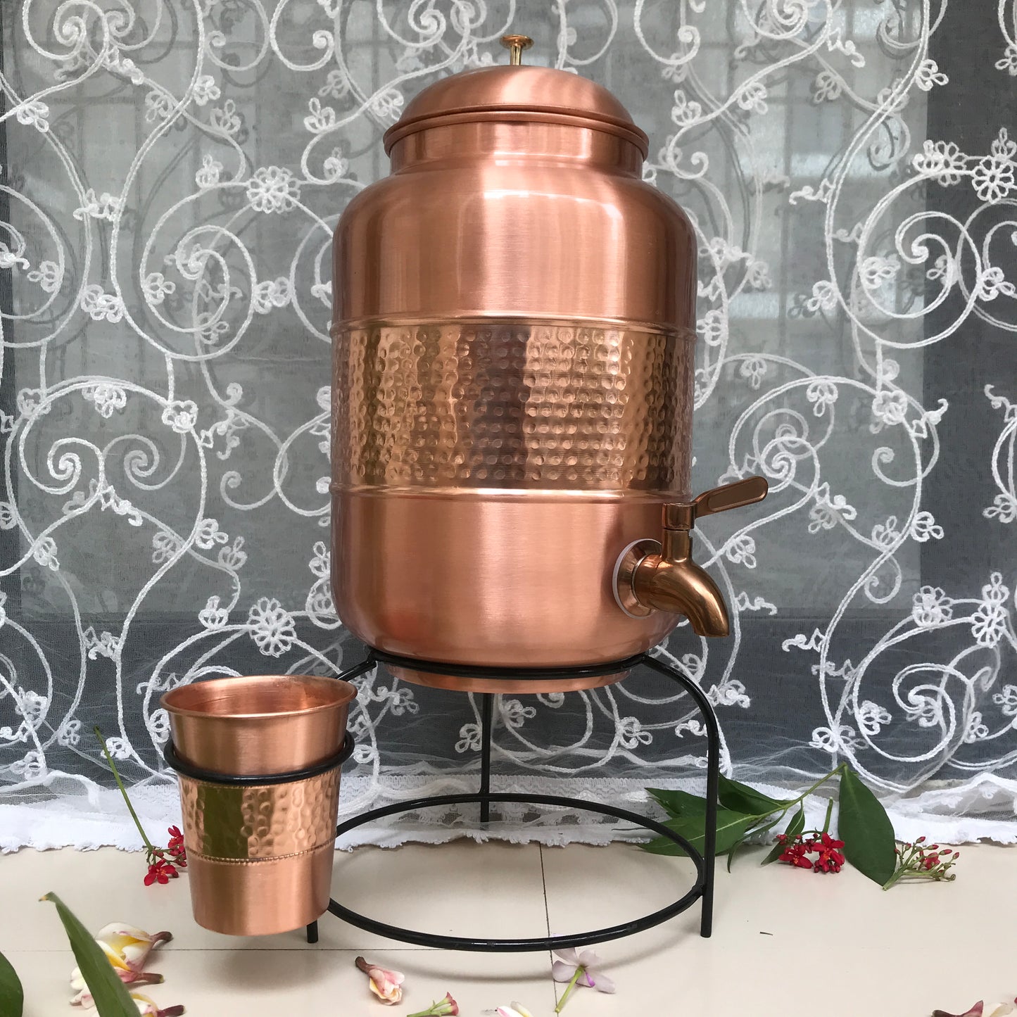 Pure Copper Half Hammered Dark copper colour Water Dispenser with Glass and Stand (Matka) Combo 5000ml