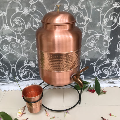 Pure Copper Half Hammered Dark copper colour Water Dispenser with Glass and Stand (Matka) Combo 5000ml