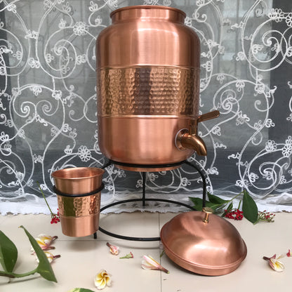 Pure Copper Half Hammered Dark copper colour Water Dispenser with Glass and Stand (Matka) Combo 5000ml