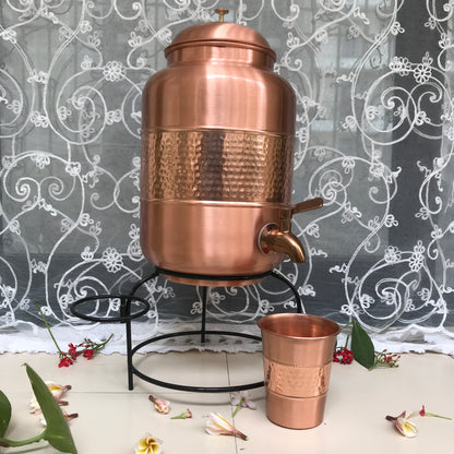 Pure Copper Half Hammered Dark copper colour Water Dispenser with Glass and Stand (Matka) Combo 5000ml