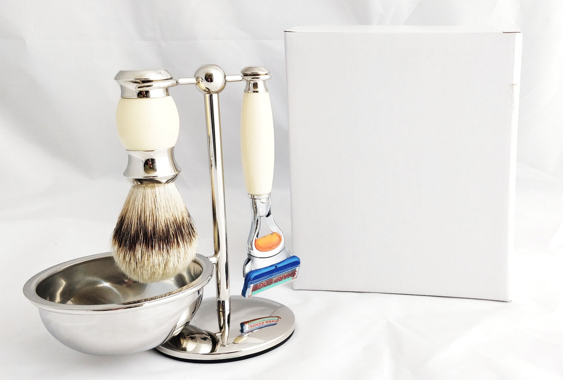 PB-44 PureBadger CollectionCream 4pc Set, Faux Ivory Silvertip Shaving Brush, Fusion Razor, Stand & Bowl - Eco-friendly - Sama Homes