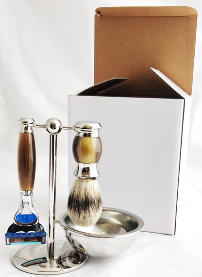 PB-45 PureBadger Collection Brown 4 pc Set, Faux Horn Silver Tip Shaving Brush, Fusion Razor, Stand & Bowl by Pure Badger Collection - Gift Sets & Kits